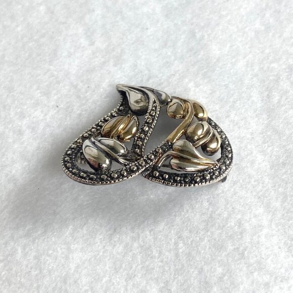 Sterling Silver 925 Mixed Metal Gold Vermeil Foliage Leaf Floral Heart Brooch - Picture 5 of 16